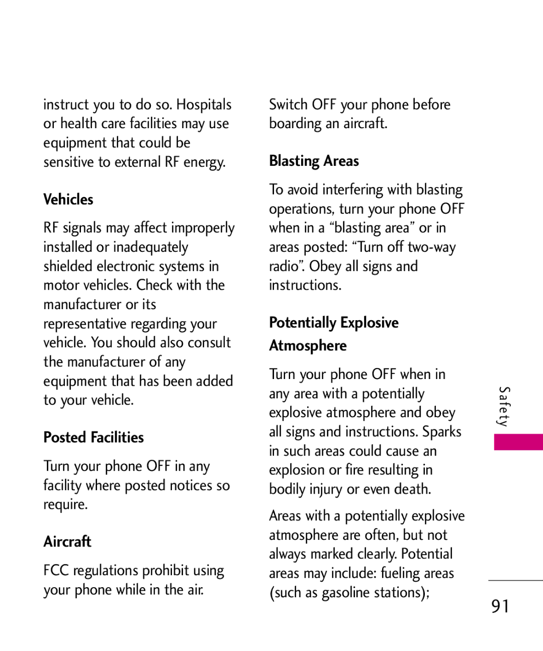 LG Electronics Glimmer manual Vehicles, Posted Facilities, Aircraft, Blasting Areas, Potentially Explosive Atmosphere 