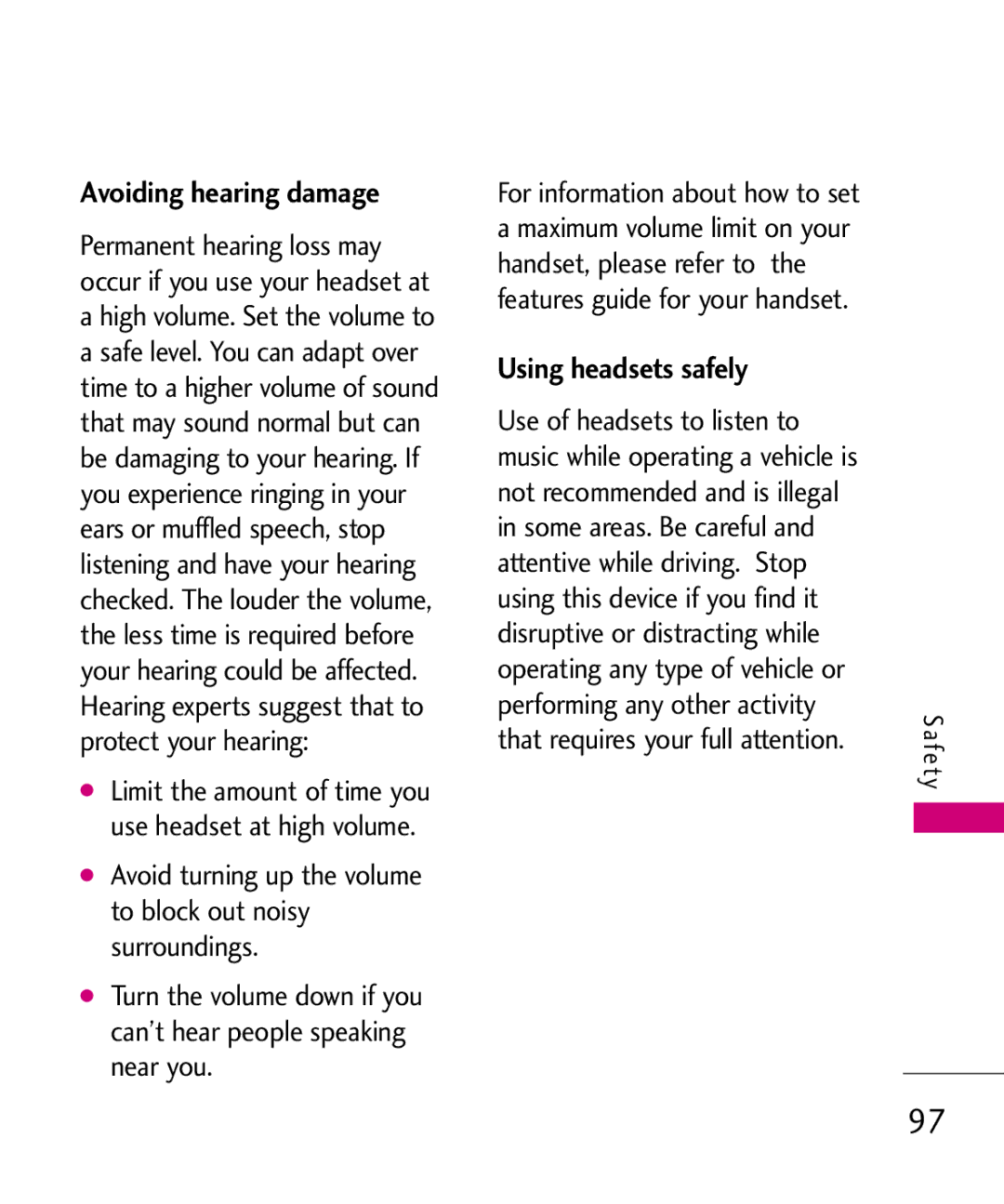 LG Electronics Glimmer manual Using headsets safely, Use of headsets to listen to, Operating any type of vehicle or 