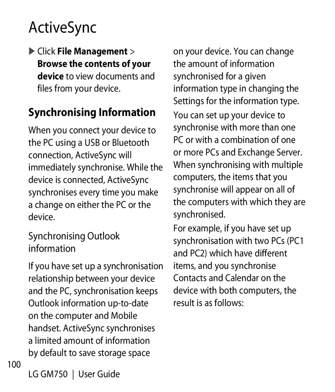 LG Electronics GM750 manual Synchronising Information, Synchronising Outlook information,  Click File Management 