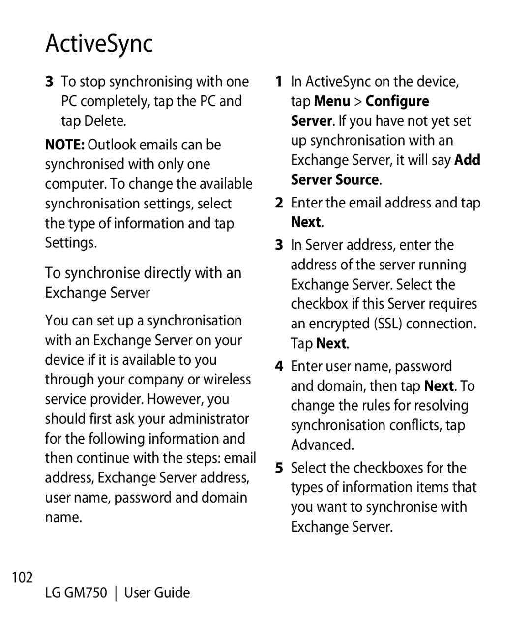 LG Electronics GM750 manual To synchronise directly with an Exchange Server 