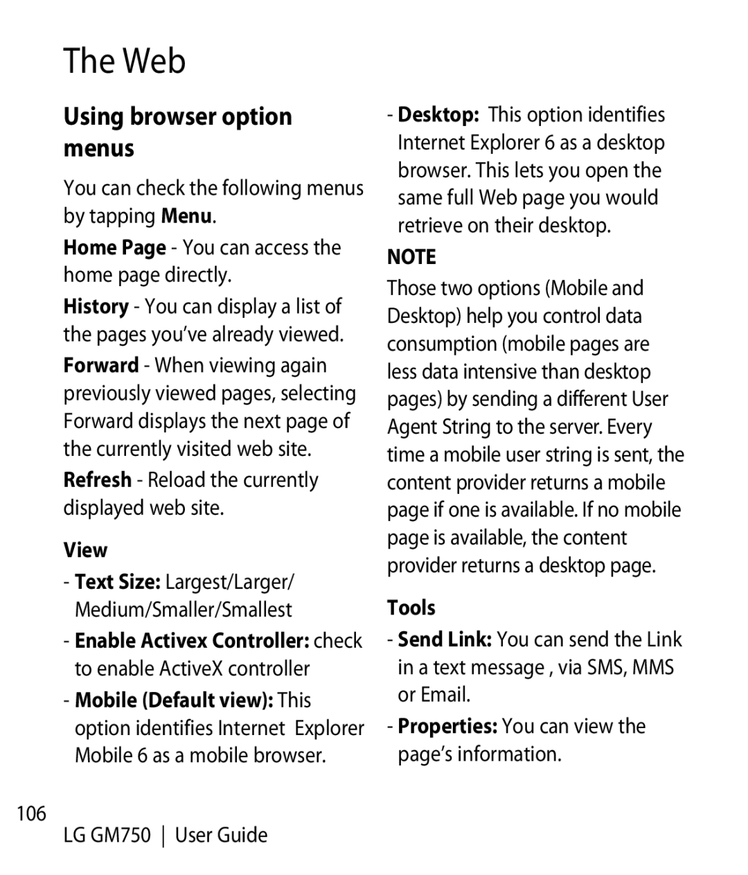 LG Electronics GM750 manual Using browser option menus, You can check the following menus by tapping Menu, View, Tools 