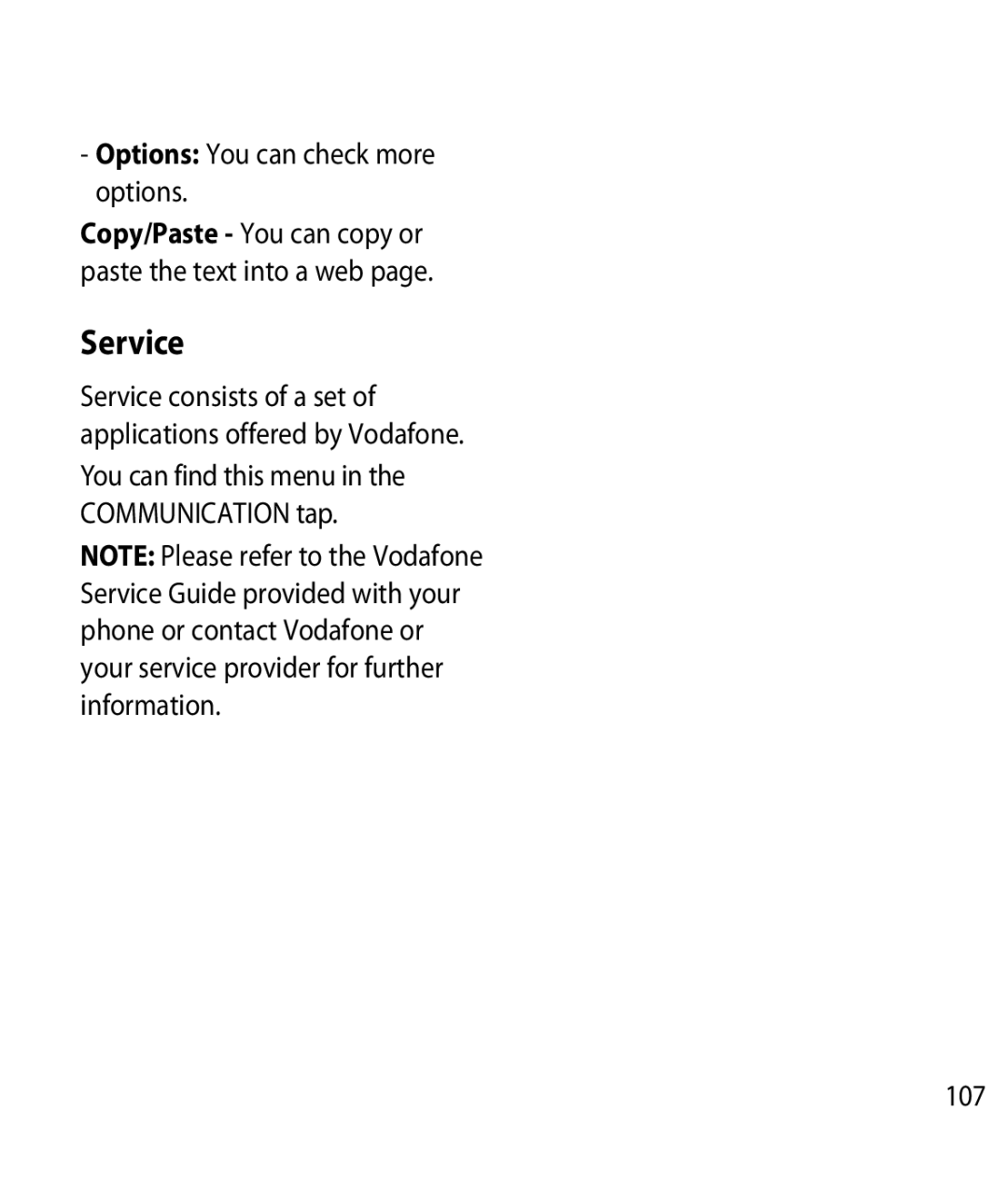 LG Electronics GM750 Service, Options You can check more options, You can find this menu in the Communication tap 107 