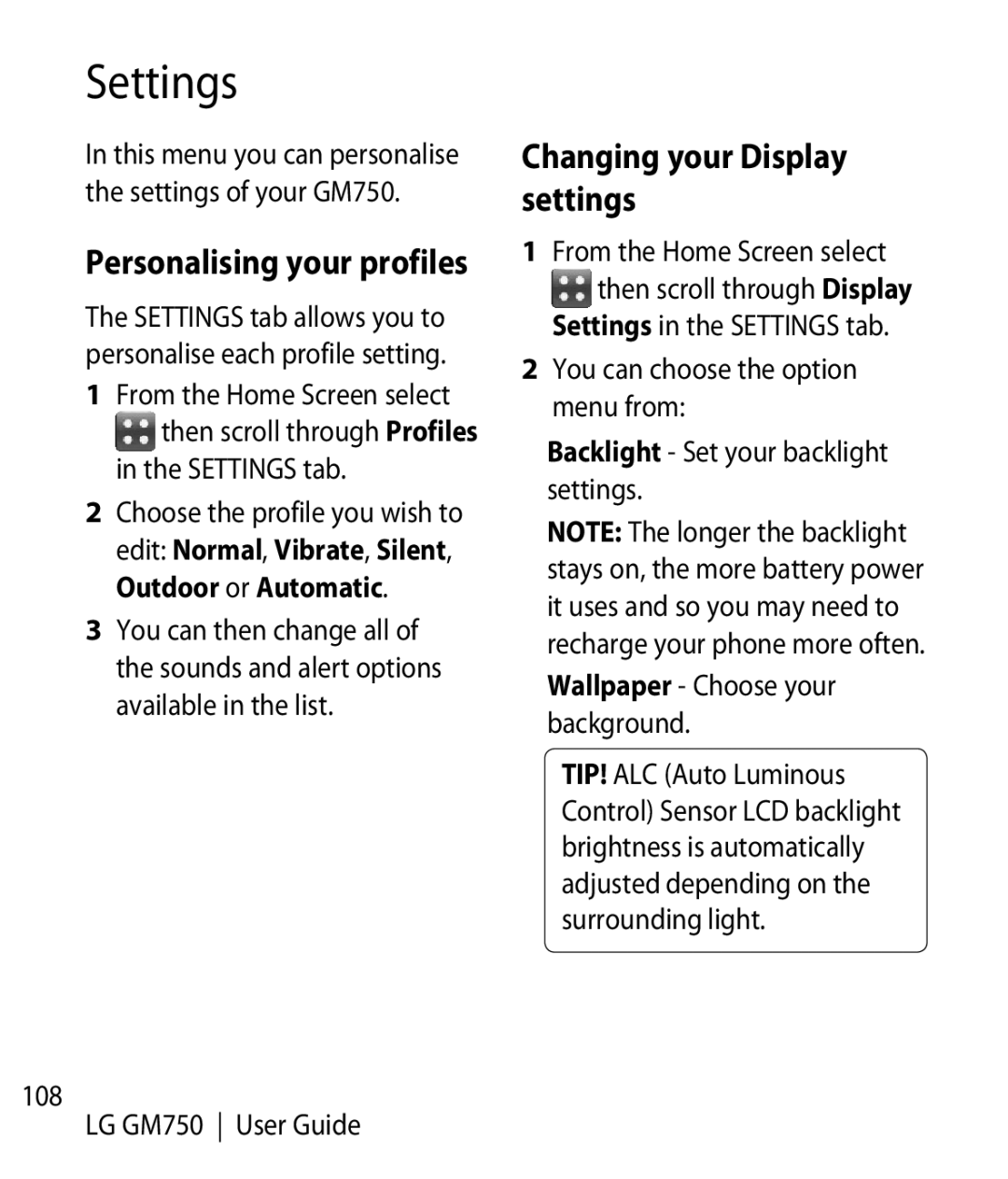 LG Electronics manual Changing your Display settings, Personalising your profiles, Settings tab, LG GM750 User Guide 