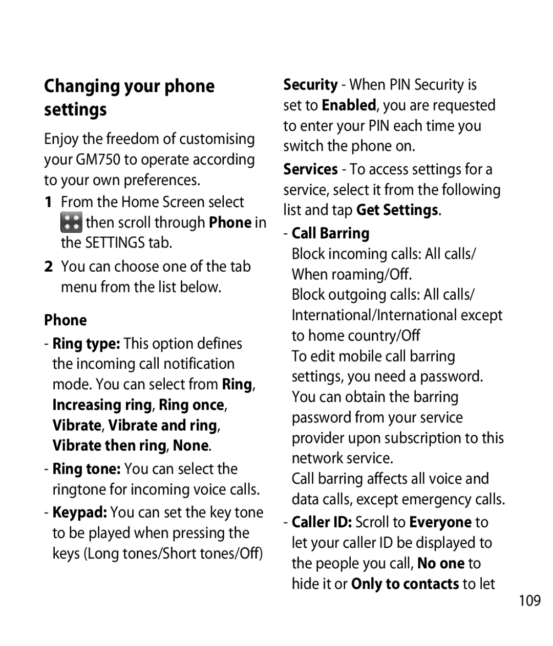 LG Electronics GM750 manual Changing your phone settings, Phone, Call Barring, 109 