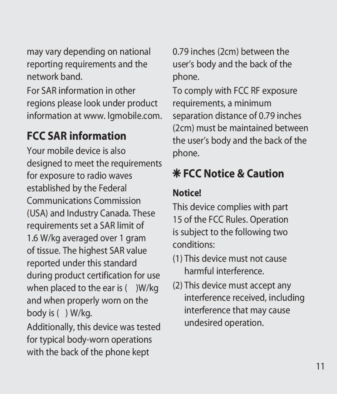 LG Electronics GM750 manual FCC SAR information,  FCC Notice & Caution 