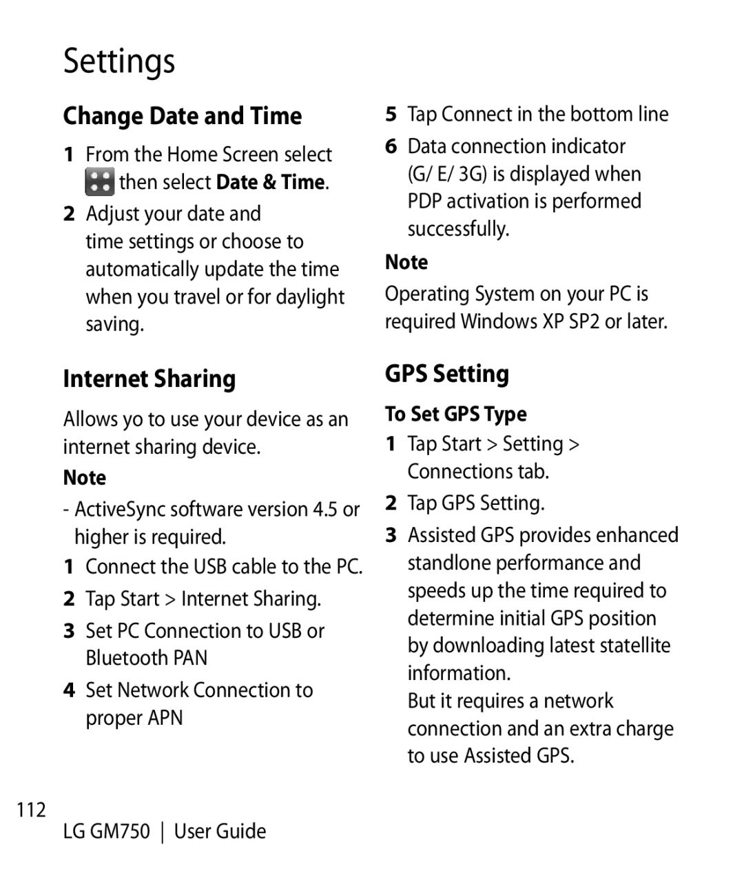 LG Electronics GM750 manual Change Date and Time, Internet Sharing, GPS Setting, To Set GPS Type 