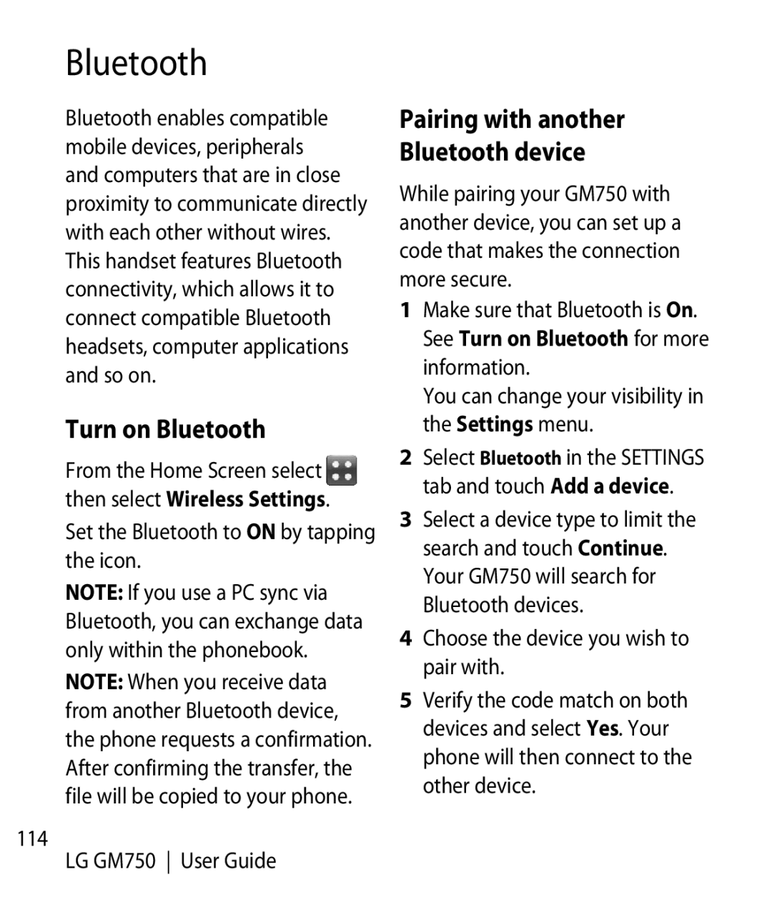 LG Electronics GM750 manual Turn on Bluetooth, Pairing with another Bluetooth device 