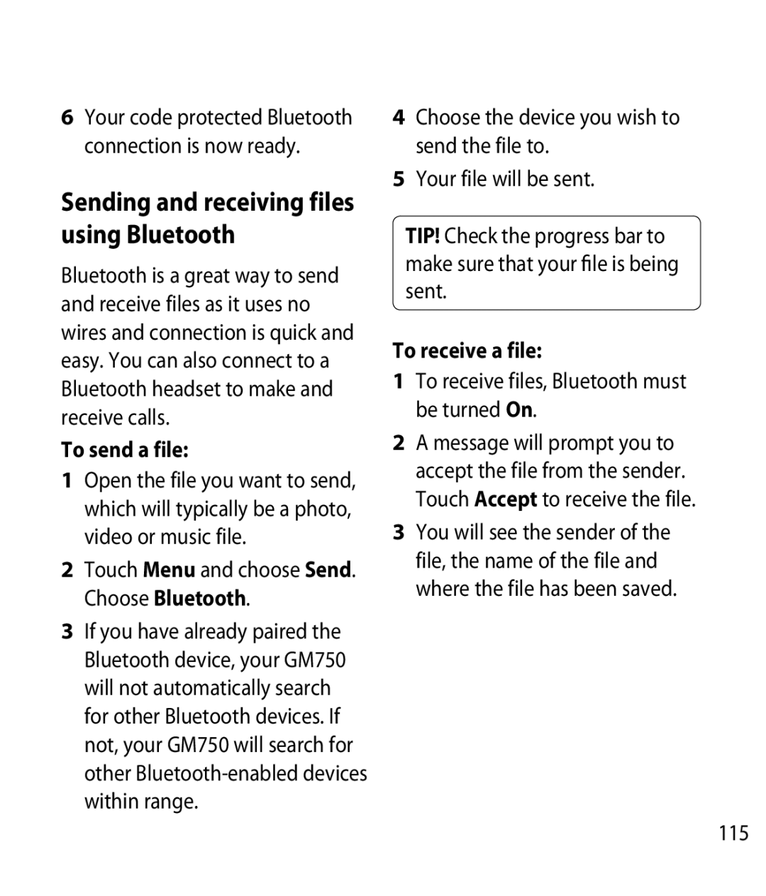 LG Electronics GM750 manual Sending and receiving files using Bluetooth, To send a file, To receive a file 