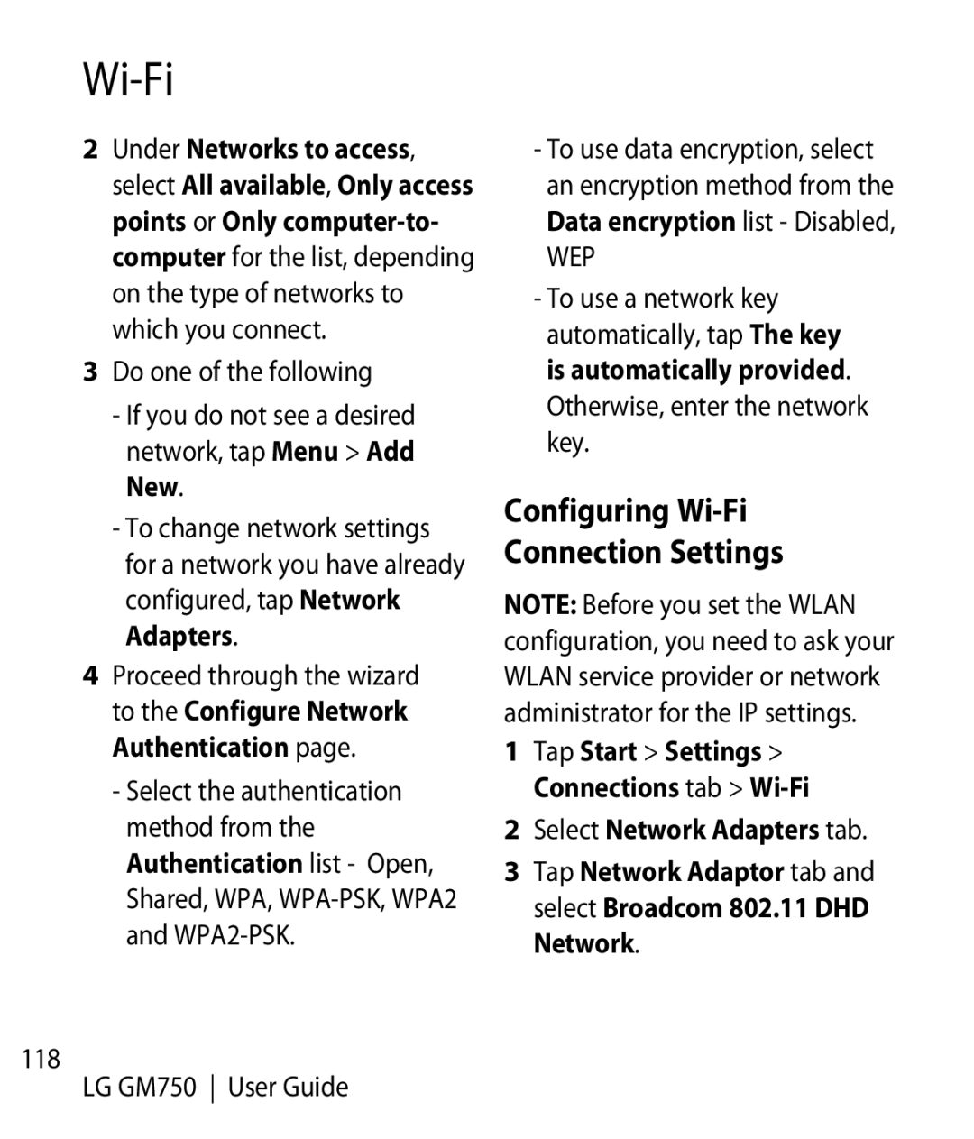 LG Electronics manual Configuring Wi-Fi Connection Settings, LG GM750 User Guide 