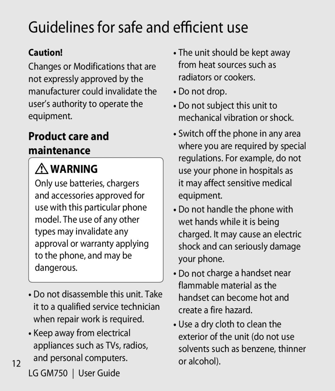 LG Electronics GM750 manual Guidelines for safe and efficientuse, Product care and maintenance, Do not drop 