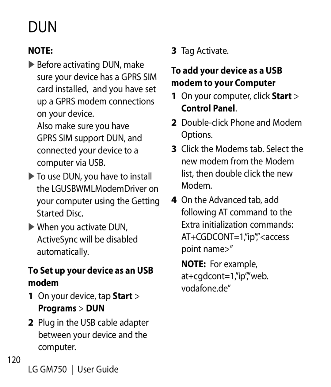 LG Electronics GM750 manual Dun, To Set up your device as an USB modem 