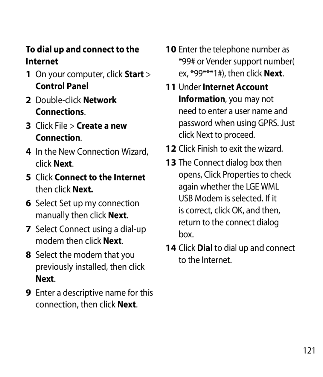 LG Electronics GM750 manual To dial up and connect to the Internet, On your computer, click Start, Control Panel 