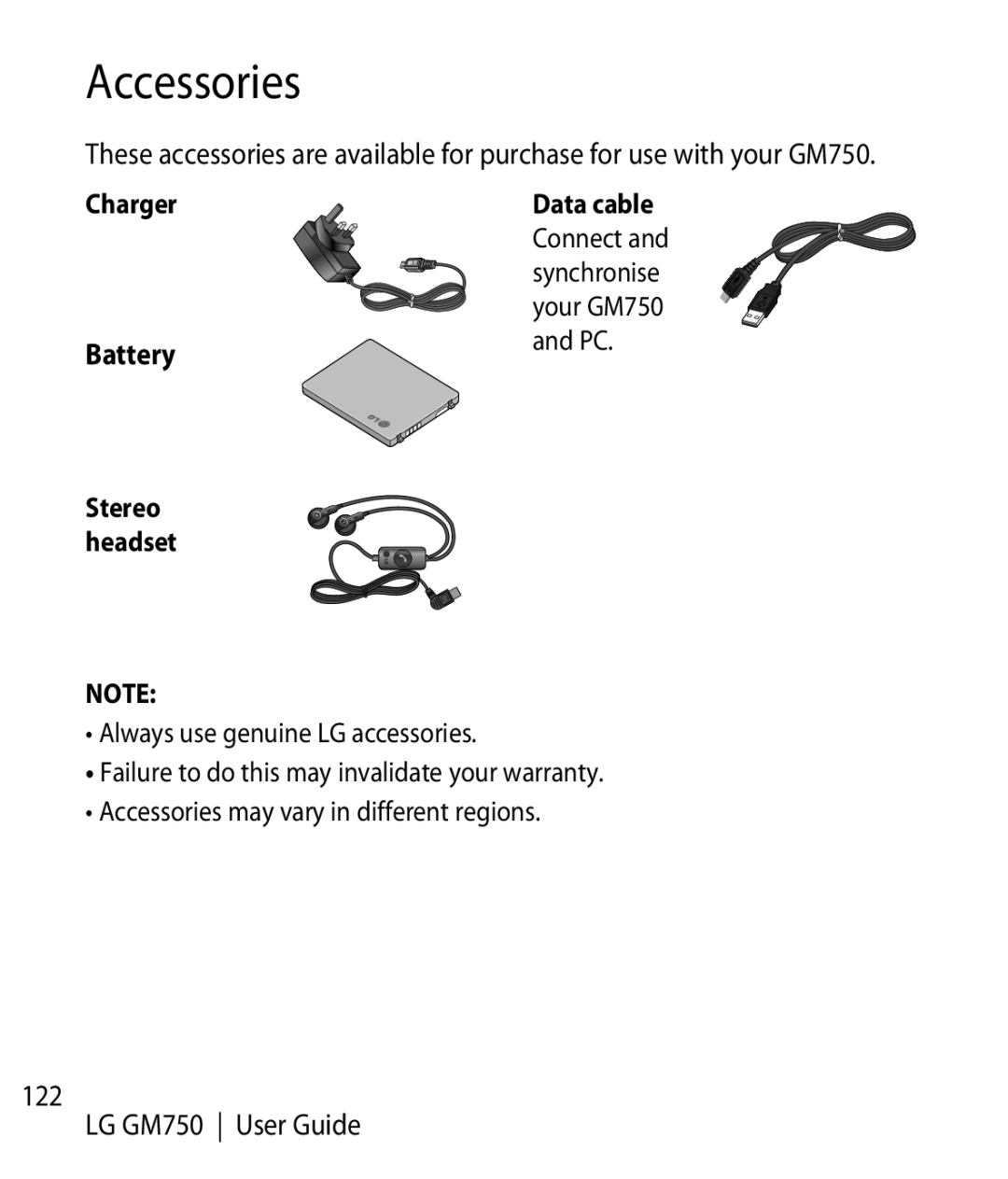 LG Electronics GM750 manual Accessories, Charger Battery 