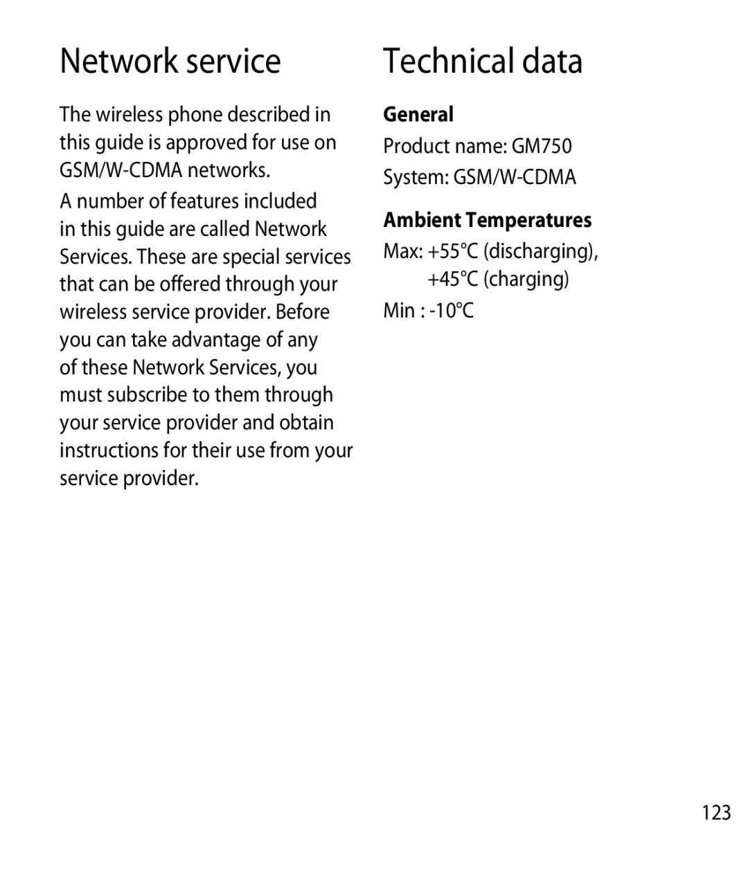 LG Electronics GM750 manual Network service, Technical data, General, Ambient Temperatures 