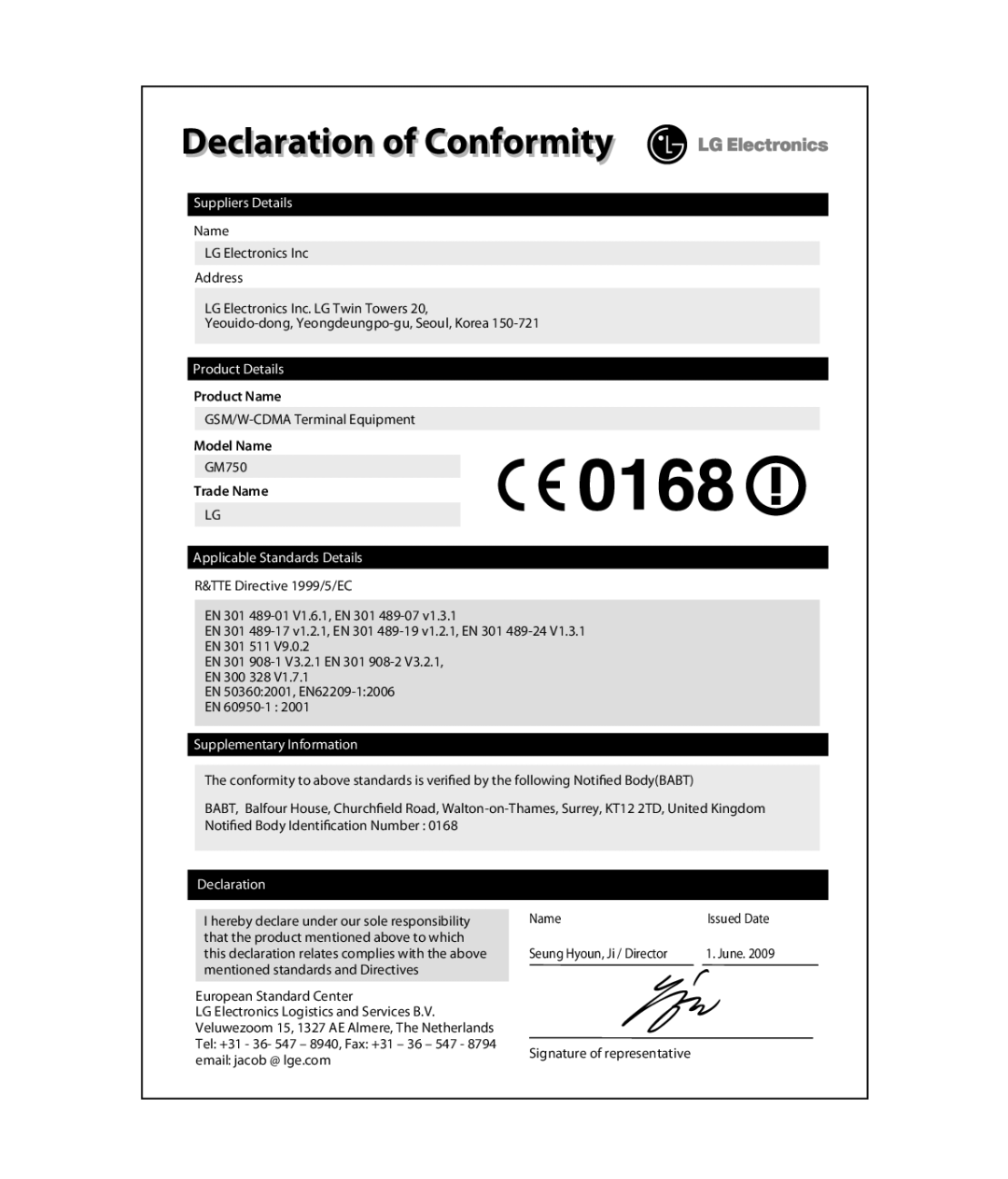 LG Electronics GM750 manual Declaration of Conformity 