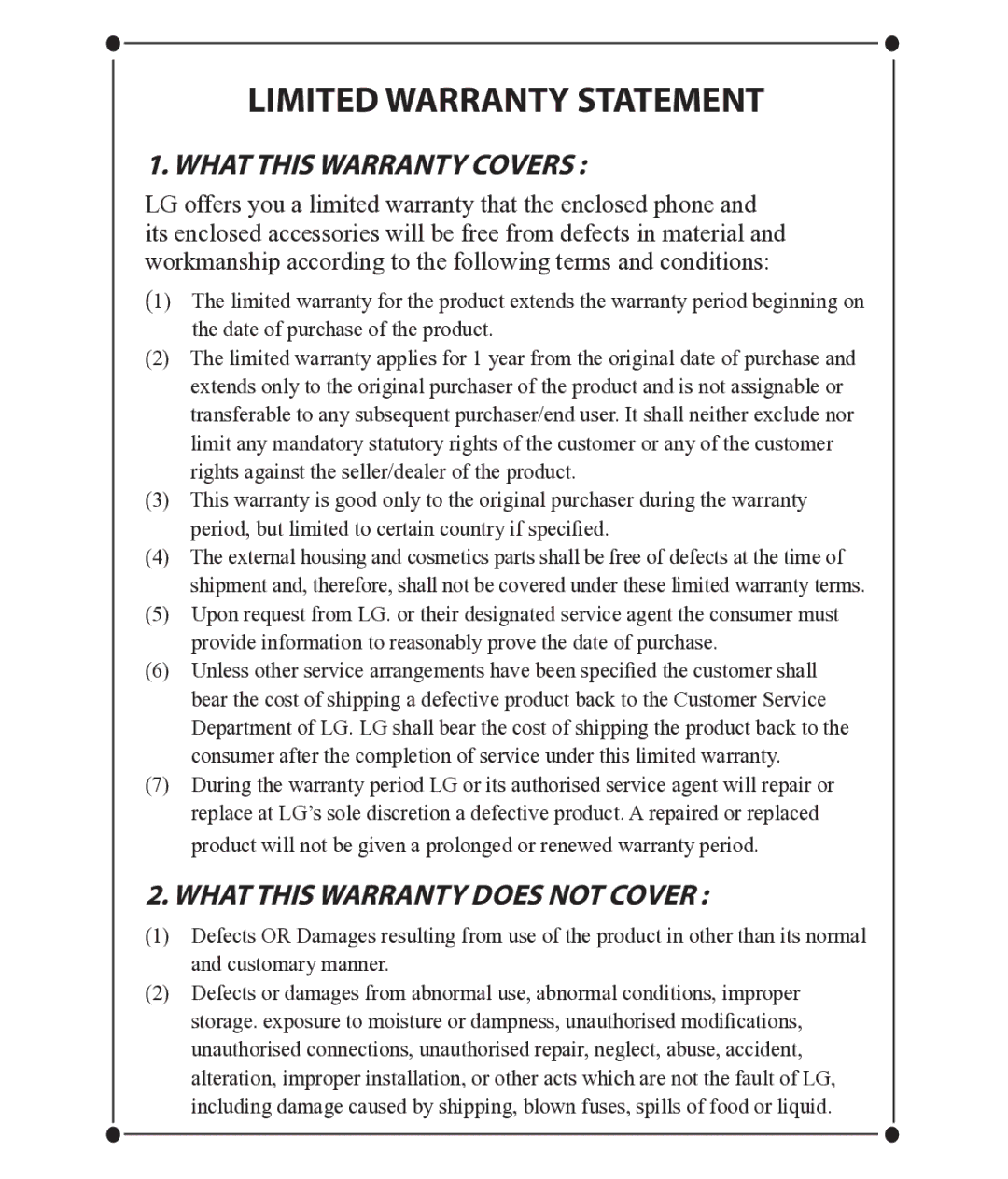 LG Electronics GM750 manual Limited Warranty Statement 