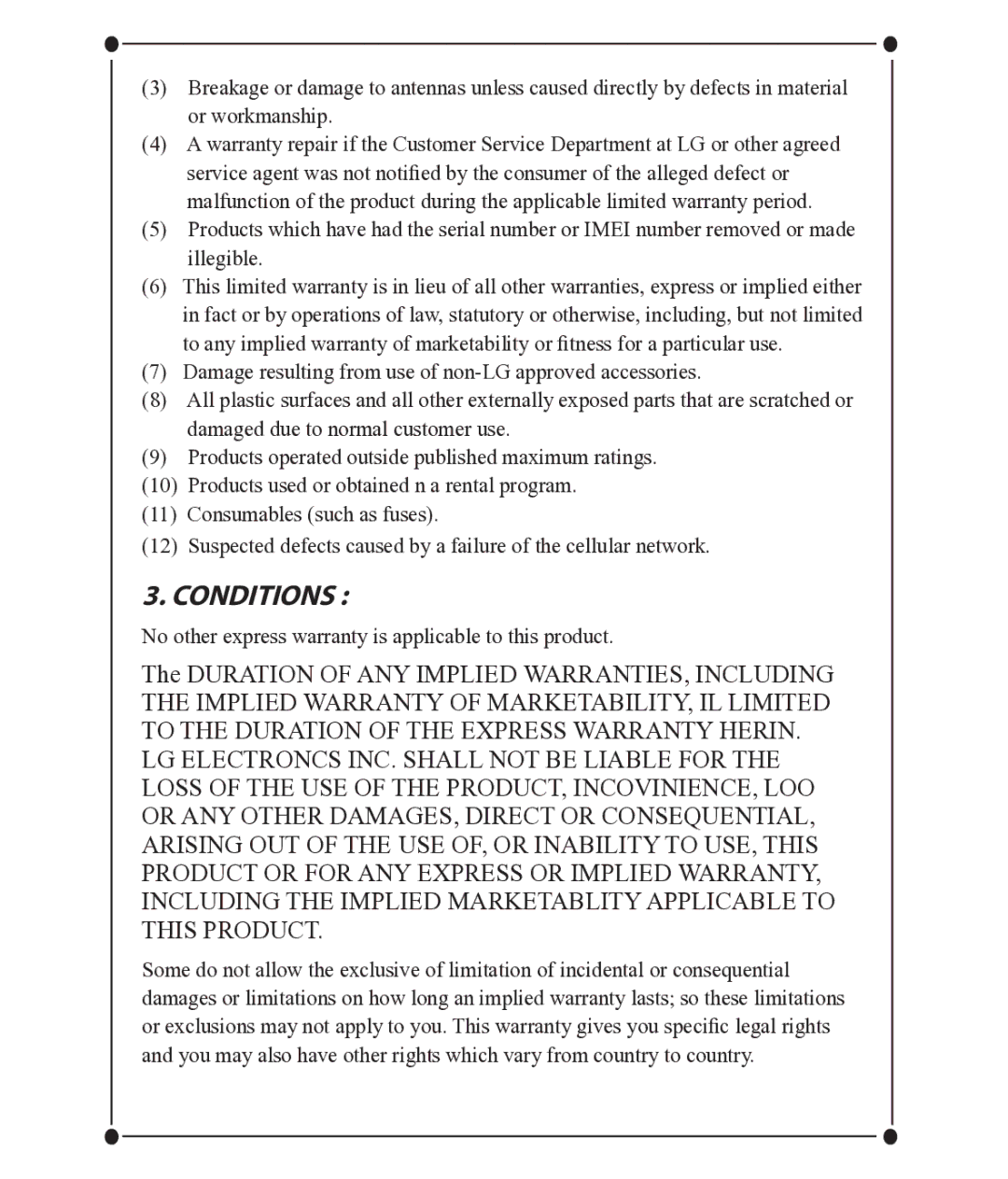 LG Electronics GM750 manual Conditions 