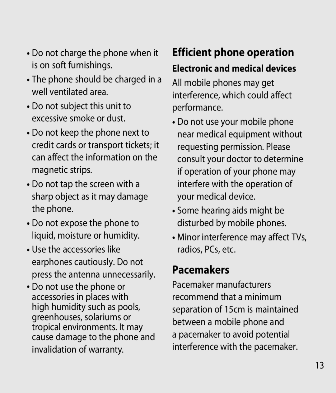 LG Electronics GM750 manual Efficient phone operation, Pacemakers, Phone should be charged in a well ventilated area 