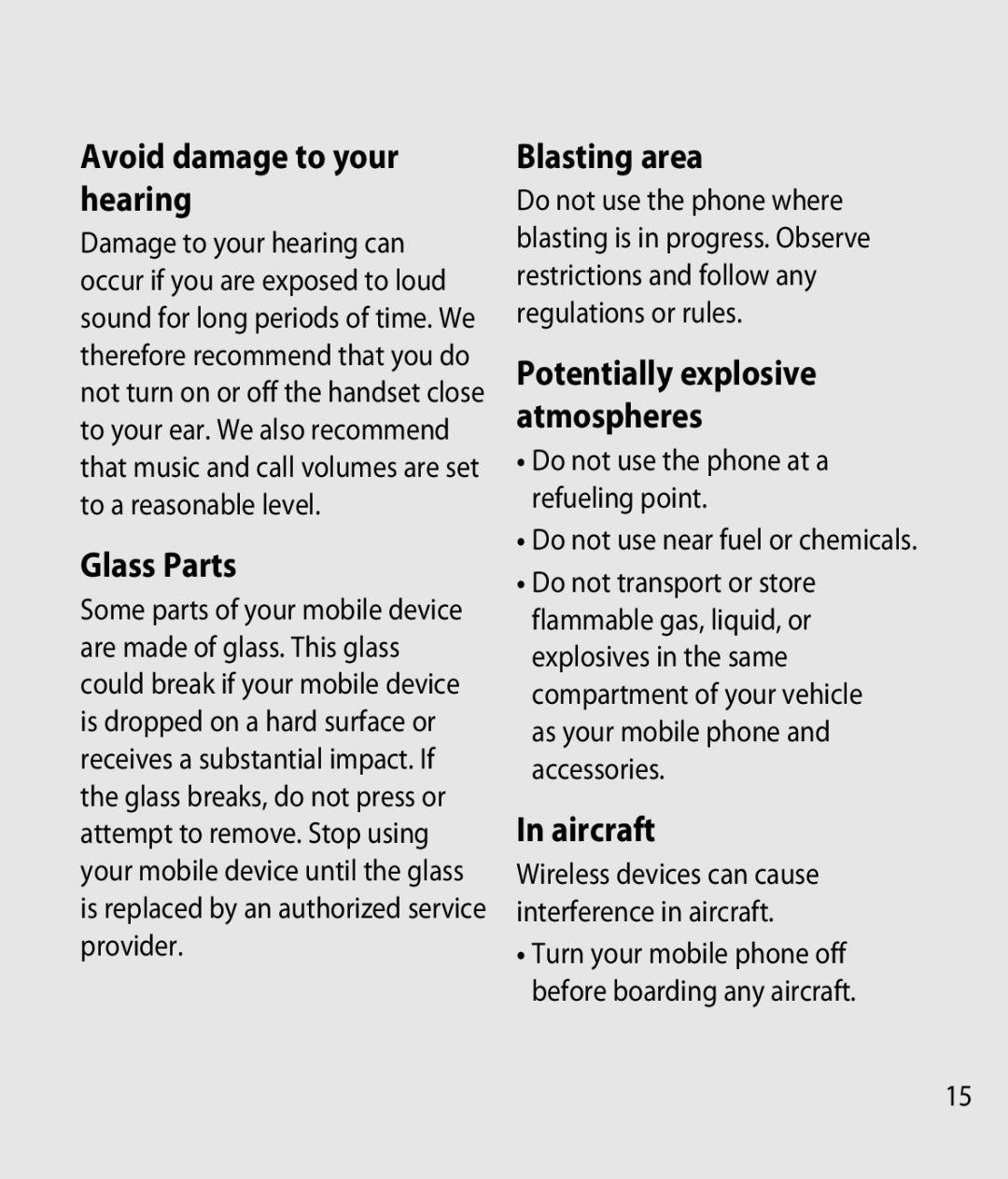 LG Electronics GM750 Avoid damage to your hearing, Glass Parts, Blasting area, Aircraft, Potentially explosive atmospheres 