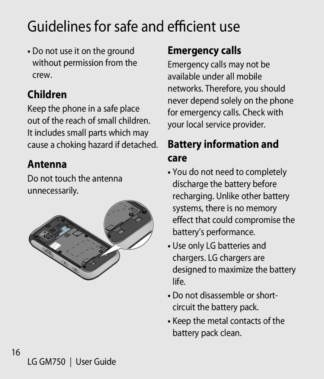 LG Electronics GM750 manual Children, Antenna, Emergency calls, Battery information and care 