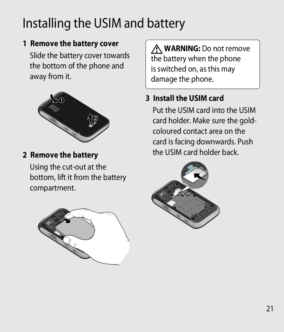 LG Electronics GM750 manual Installing the Usim and battery, Remove the battery cover, Install the Usim card 