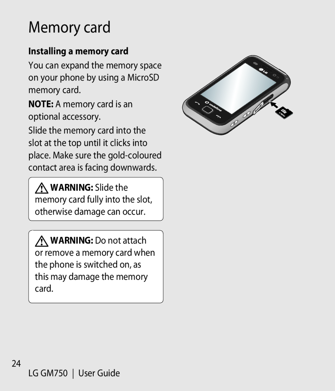 LG Electronics GM750 manual Memory card, Installing a memory card 