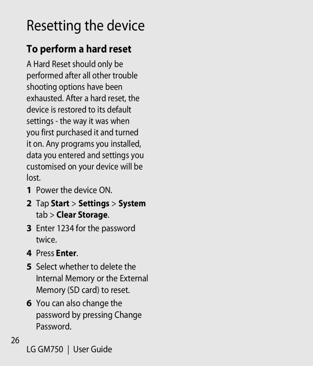 LG Electronics GM750 manual Resetting the device, To perform a hard reset, Power the device on 