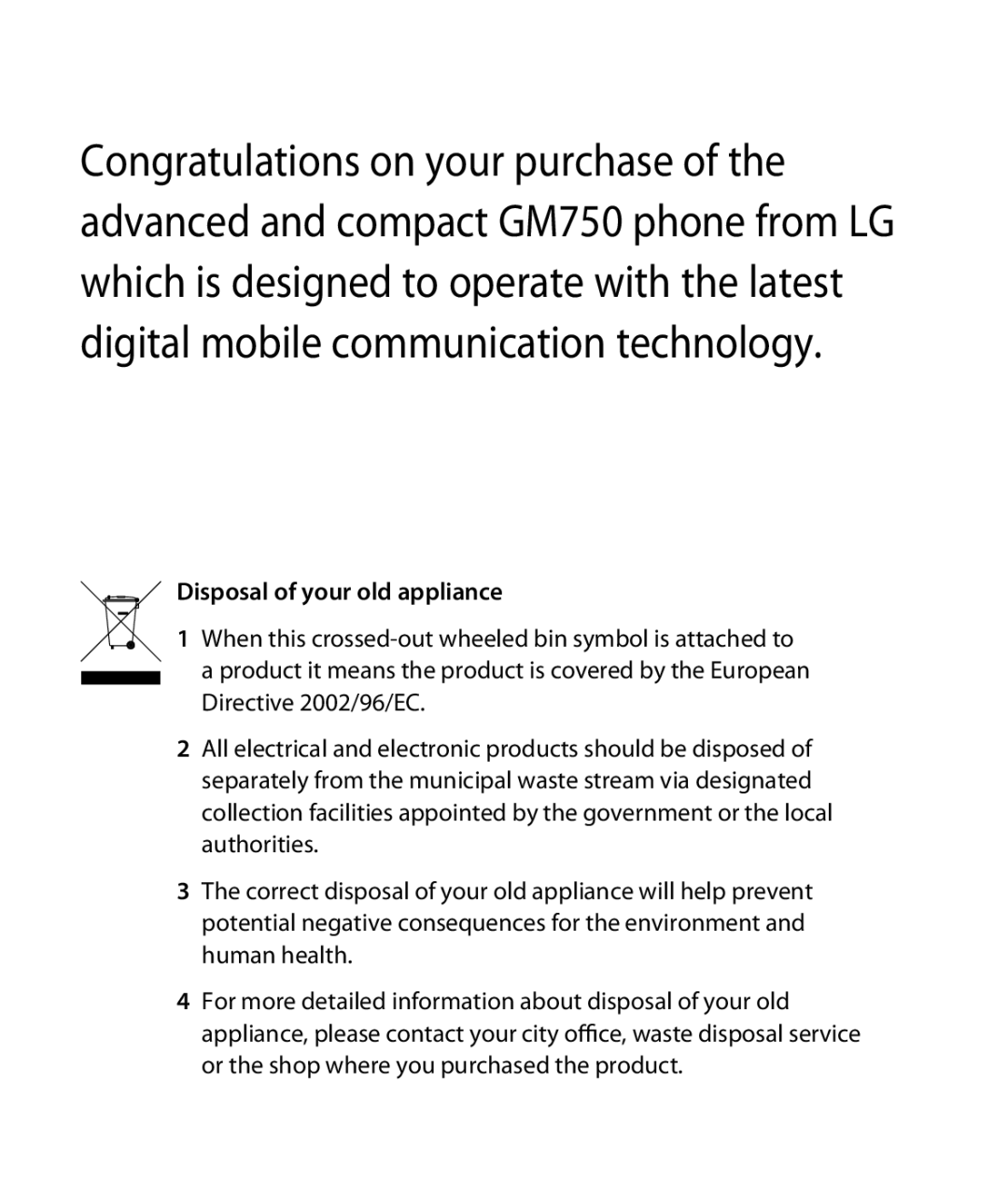 LG Electronics GM750 manual Disposal of your old appliance 