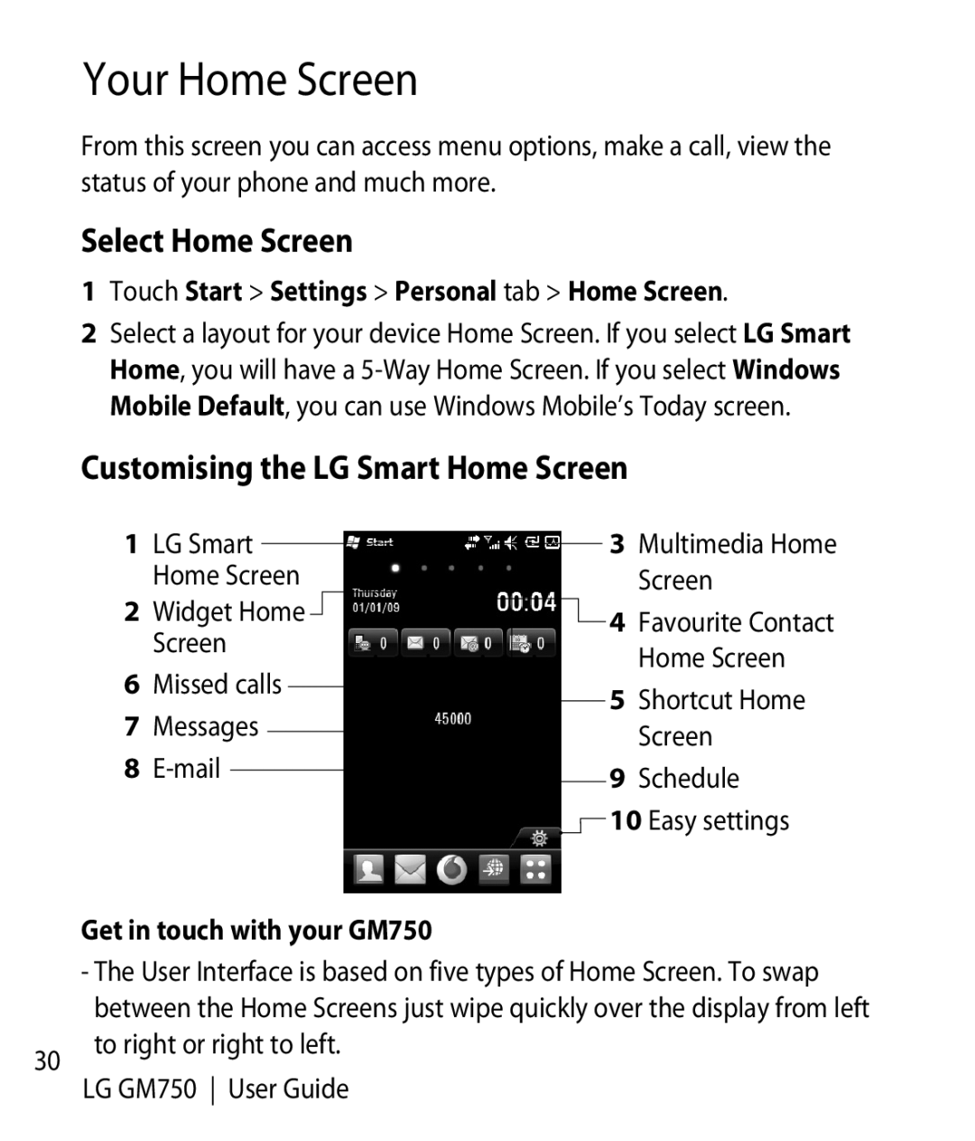 LG Electronics GM750 manual Your Home Screen, Select Home Screen, Customising the LG Smart Home Screen 