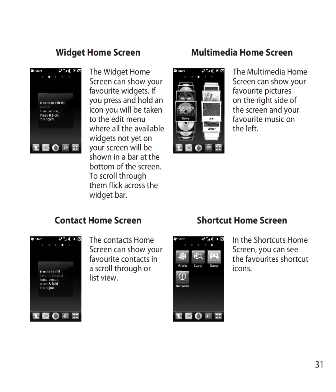 LG Electronics GM750 manual Widget Home Screen, Contact Home Screen, Multimedia Home Screen, Shortcut Home Screen 