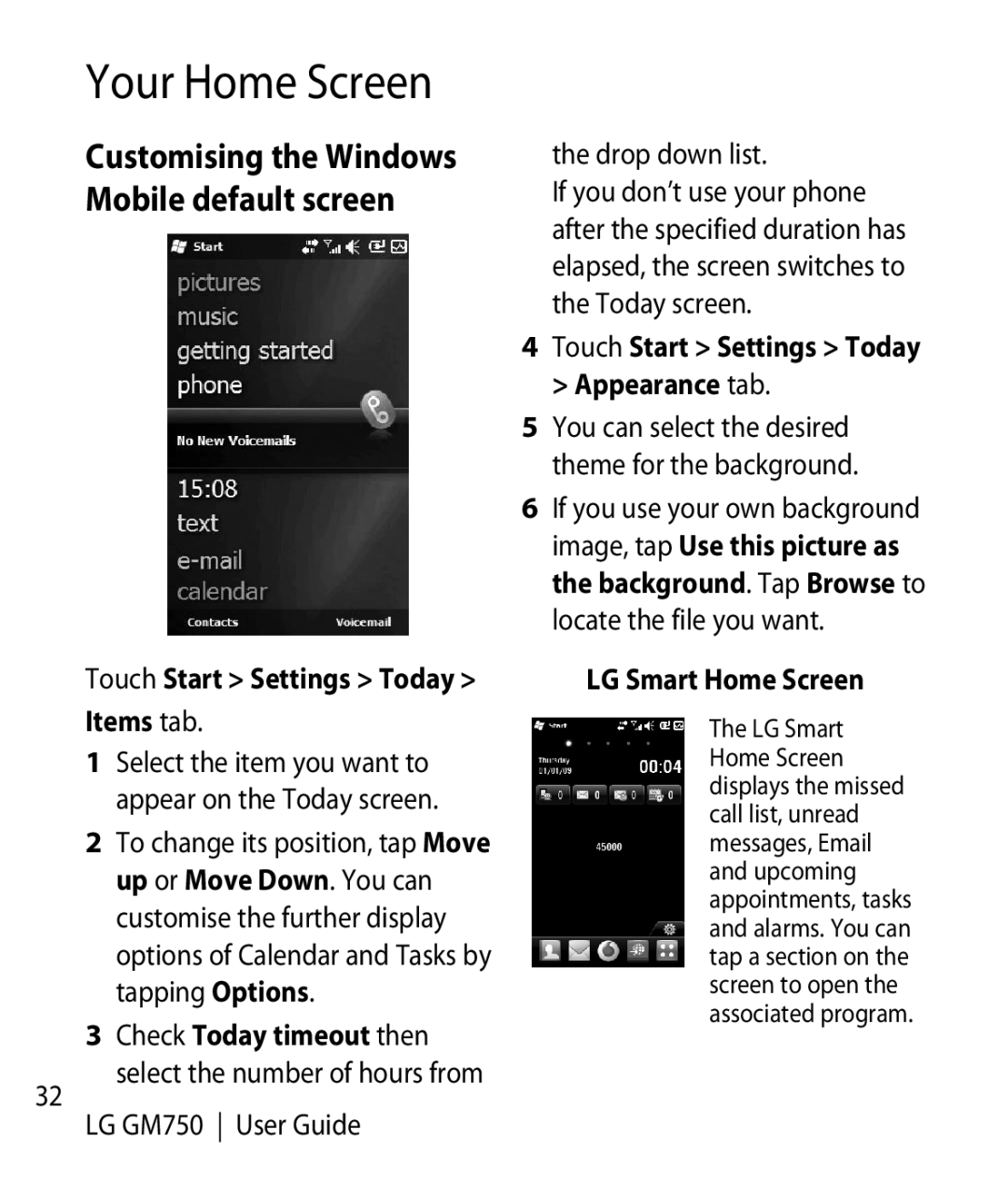 LG Electronics GM750 manual Touch Start Settings Today Items tab, Check Today timeout then, LG Smart Home Screen 