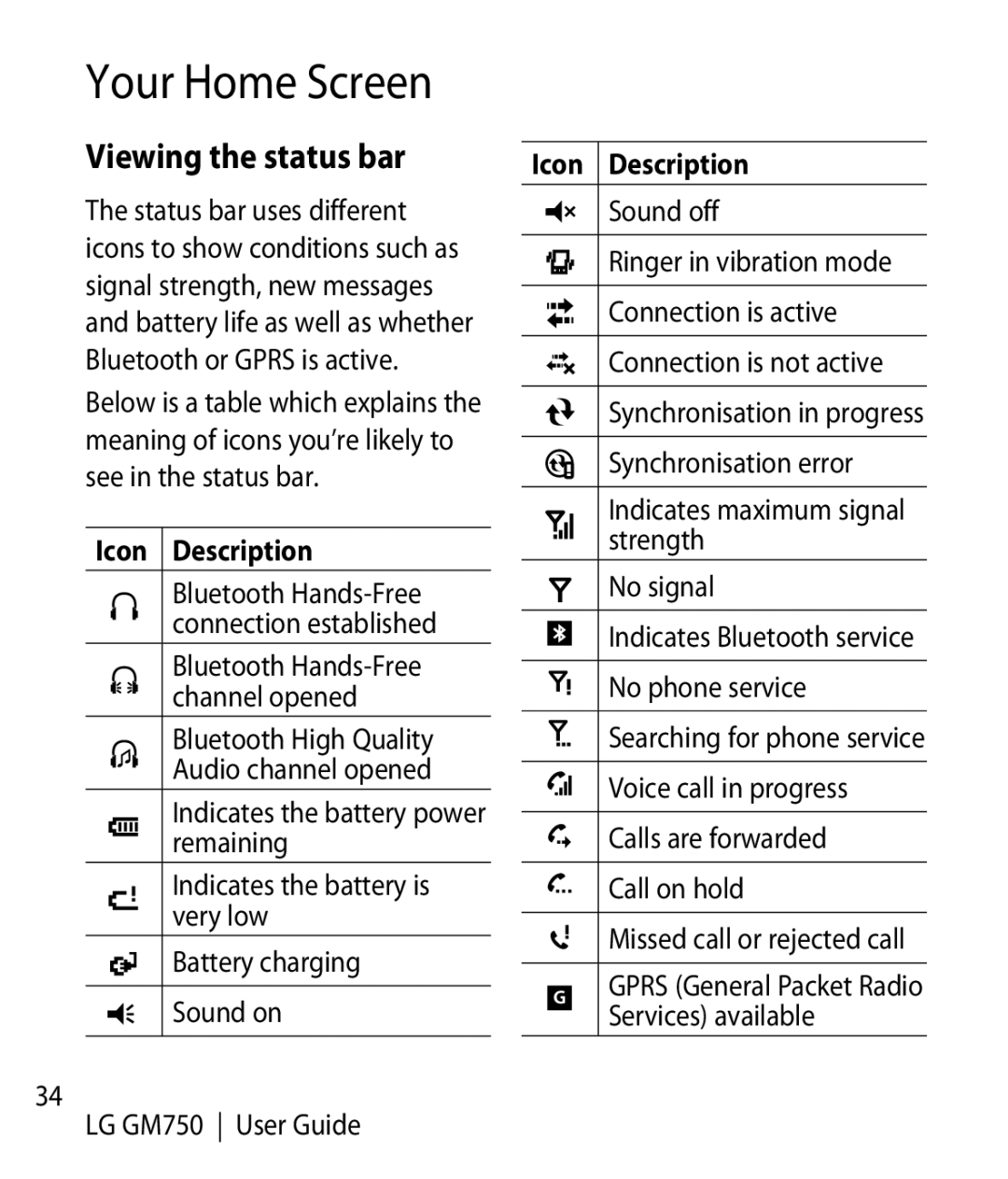 LG Electronics GM750 manual Viewing the status bar 