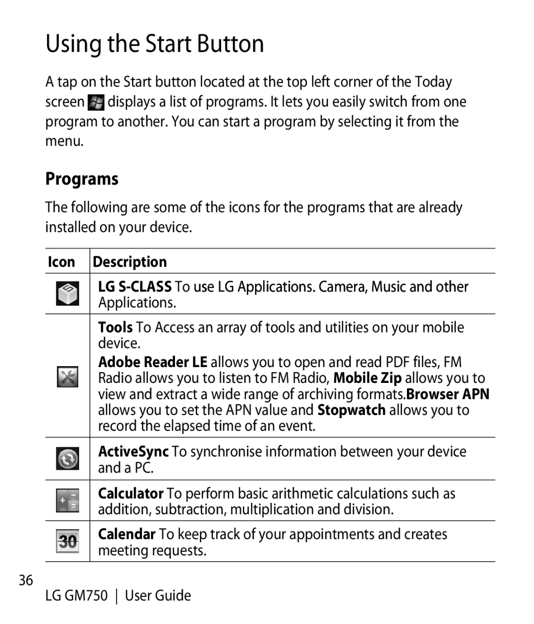 LG Electronics GM750 manual Using the Start Button, Programs 