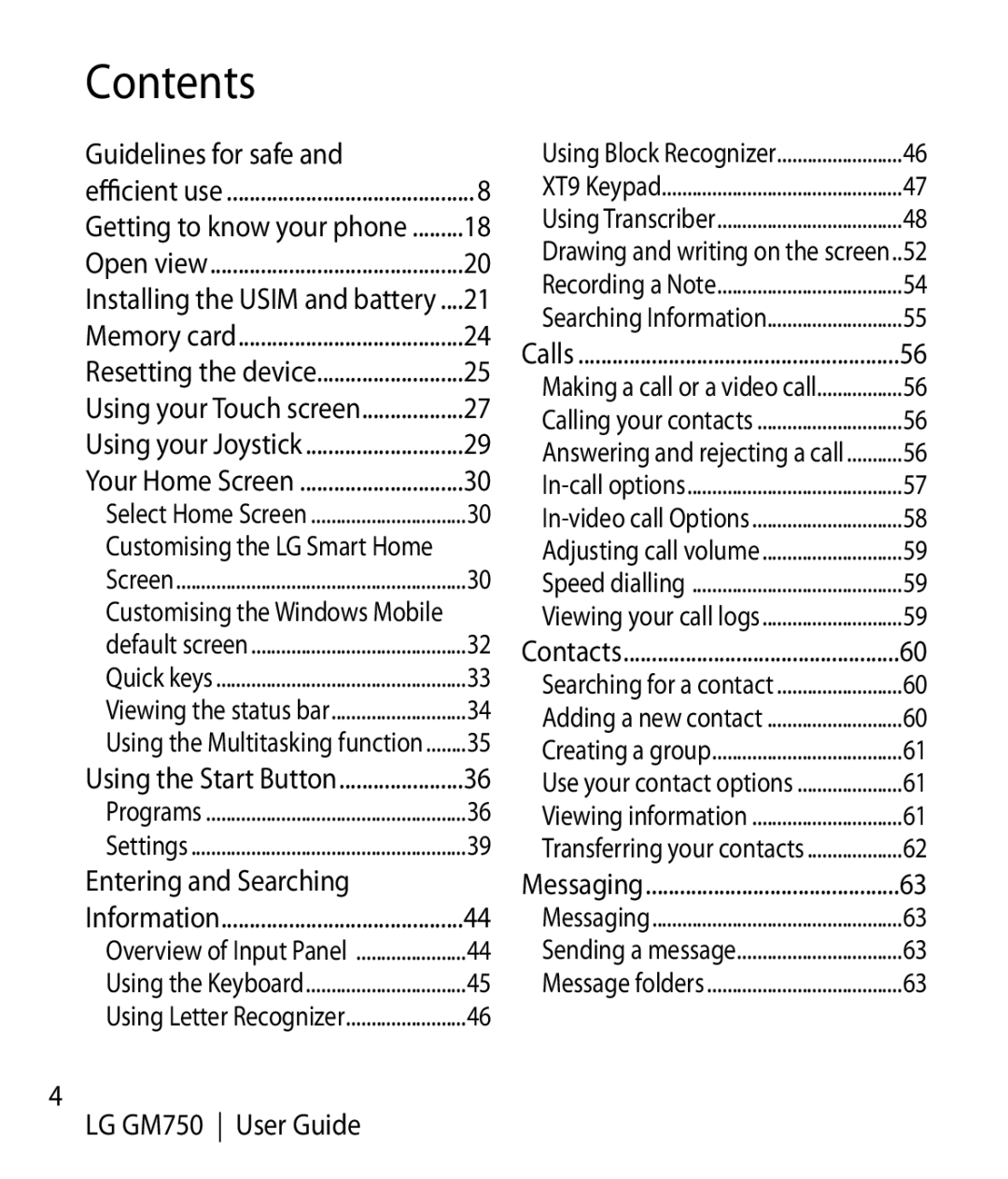 LG Electronics GM750 manual Contents 