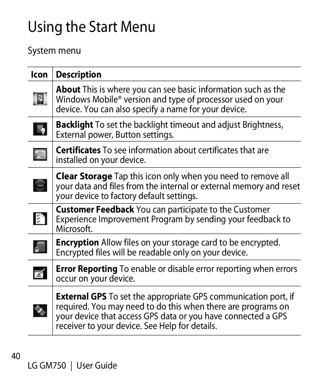 LG Electronics GM750 manual System menu 