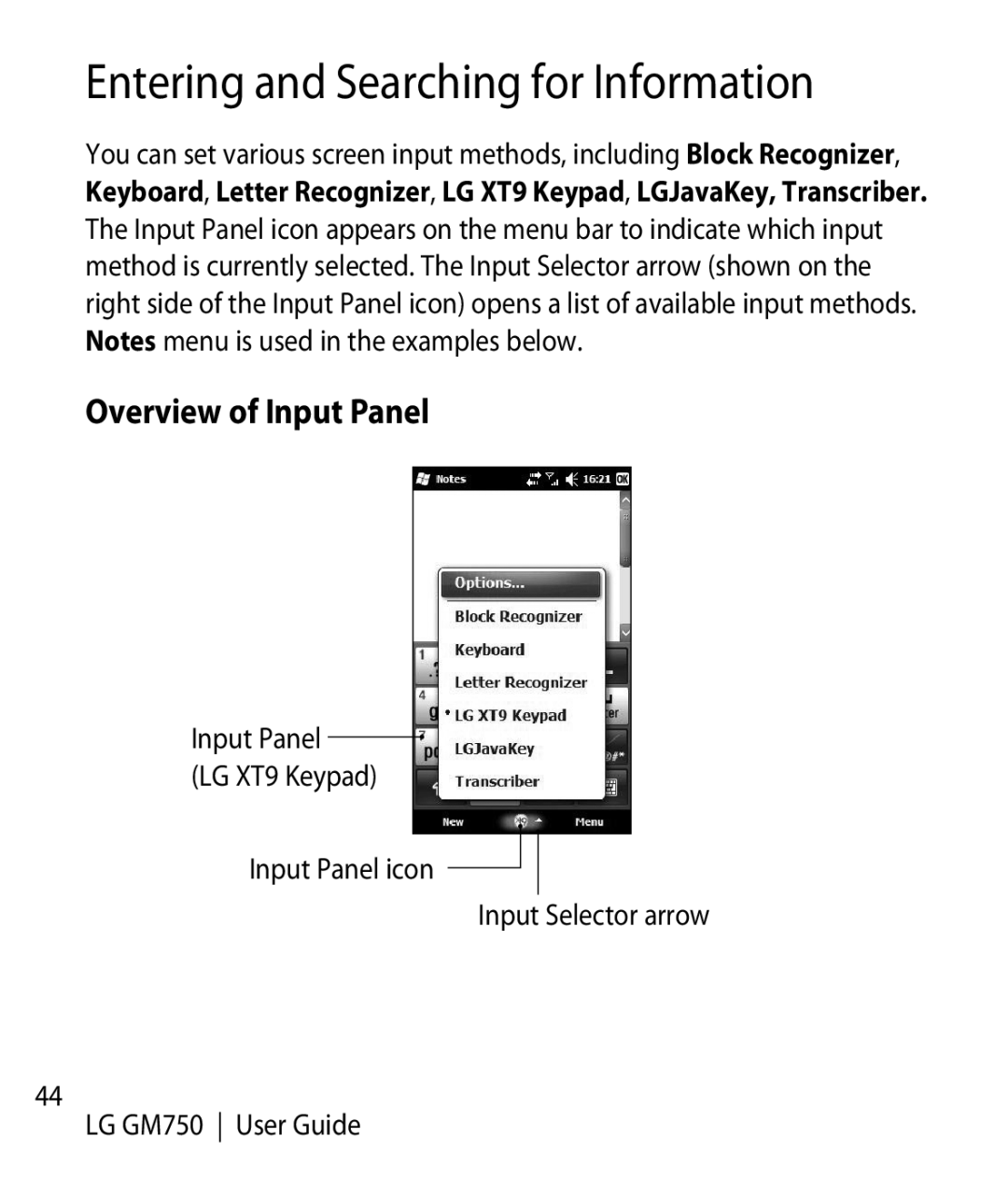 LG Electronics GM750 manual Entering and Searching for Information, Overview of Input Panel 