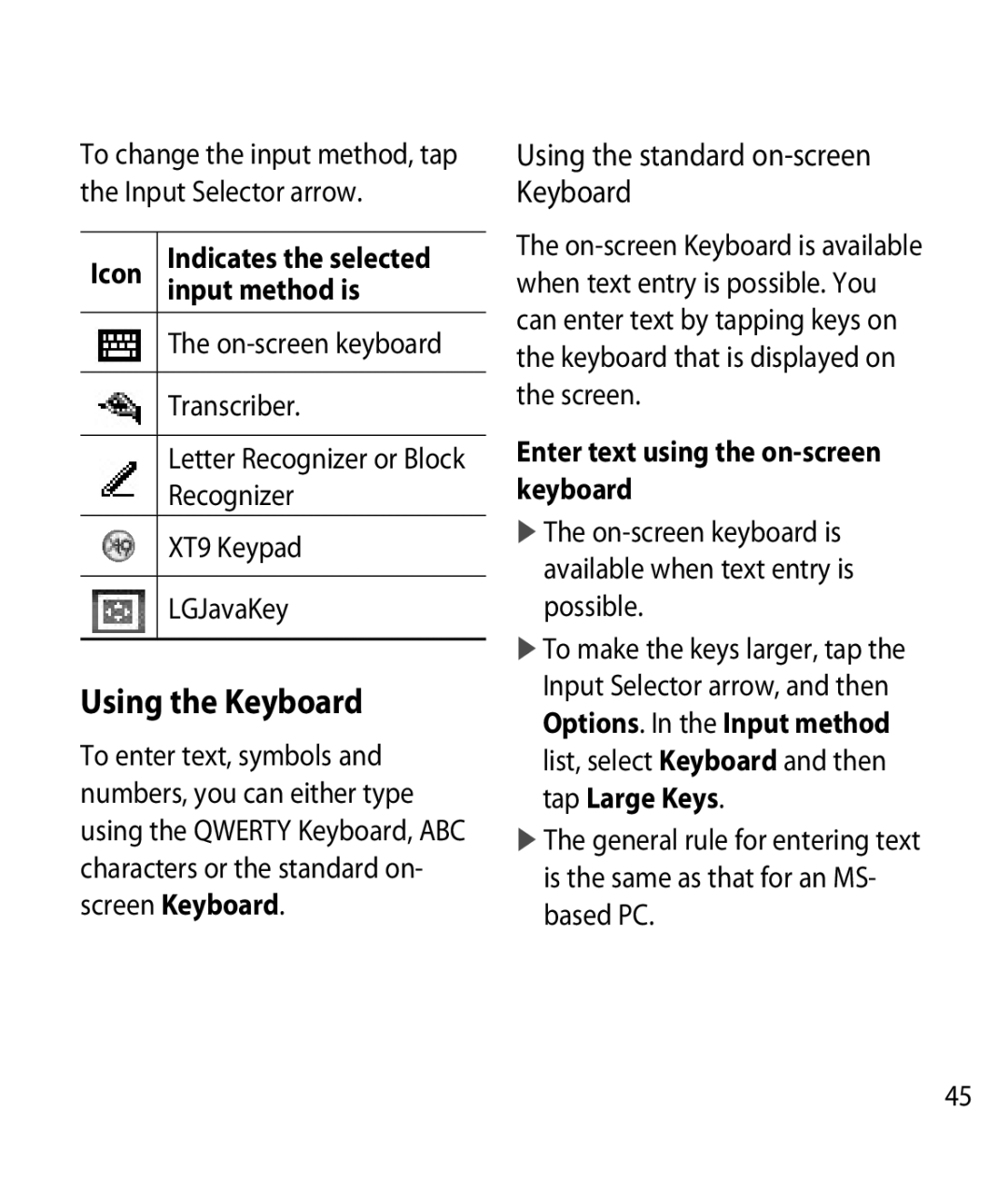 LG Electronics GM750 manual Using the Keyboard, Using the standard on-screen Keyboard, Icon, Input method is 