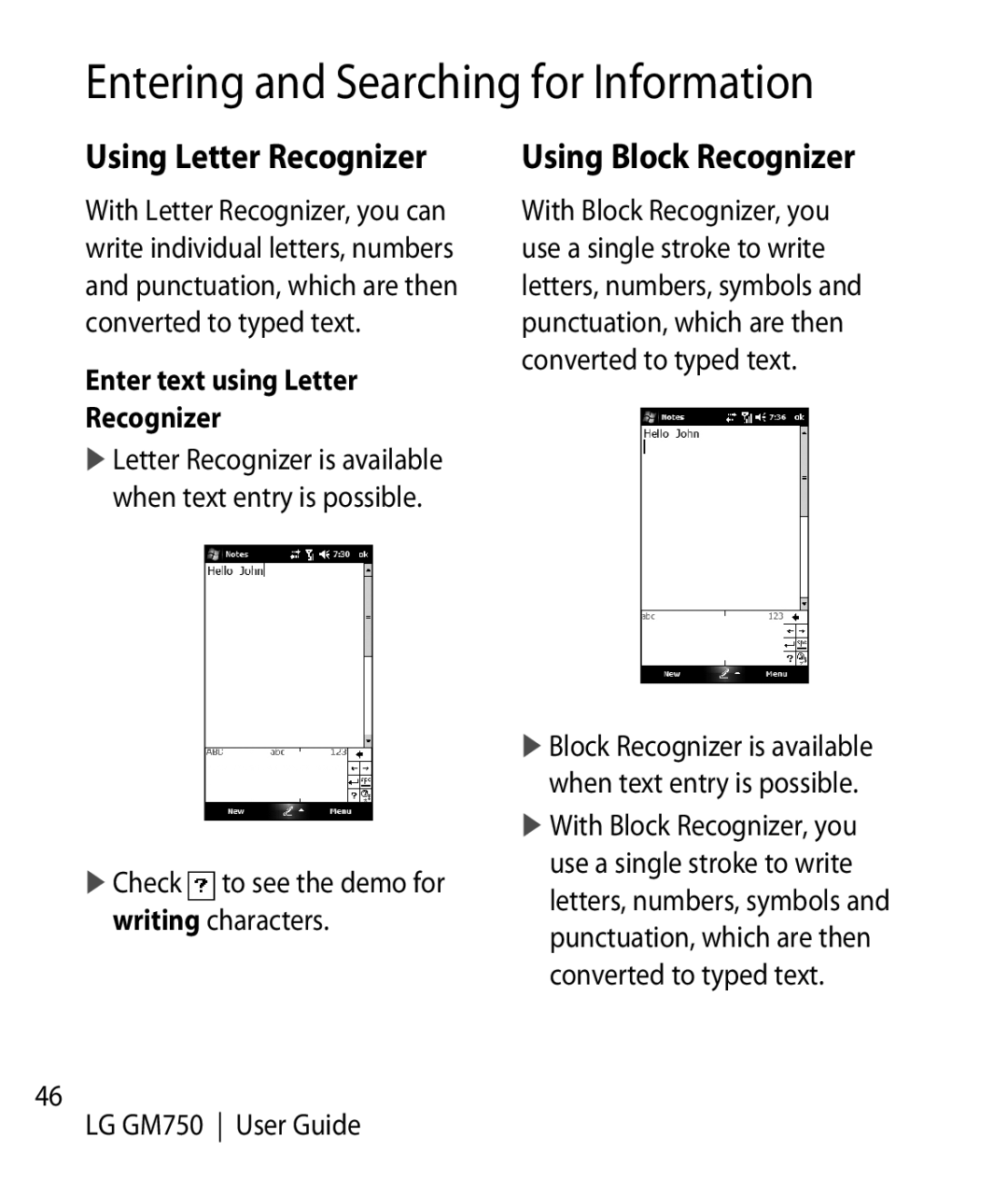 LG Electronics GM750 manual Using Letter Recognizer, Using Block Recognizer, Enter text using Letter Recognizer 