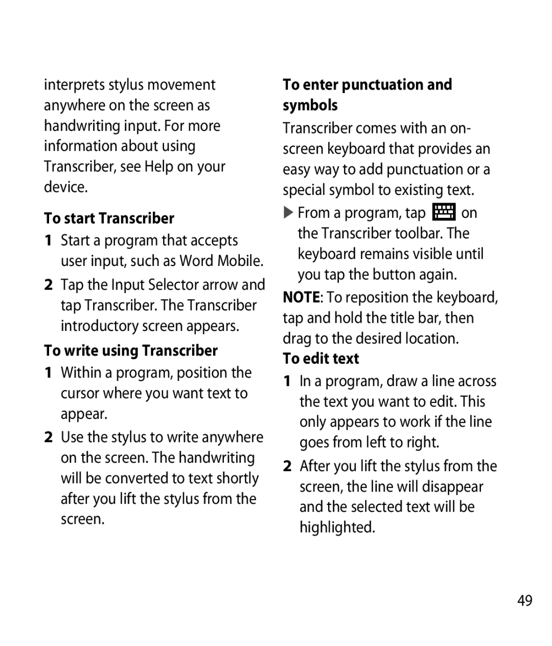 LG Electronics GM750 To start Transcriber, To write using Transcriber, To enter punctuation and symbols, To edit text 