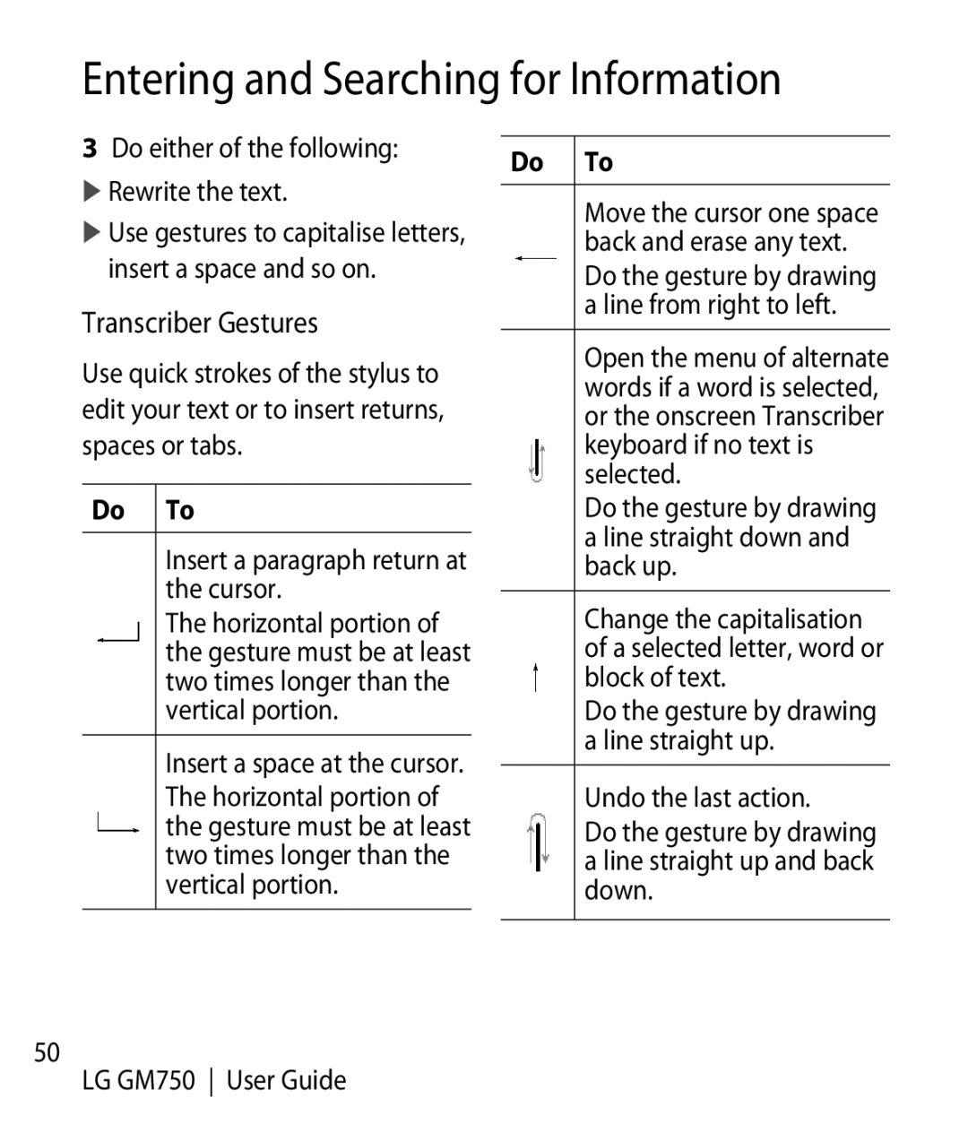 LG Electronics GM750 manual Transcriber Gestures, Do To 