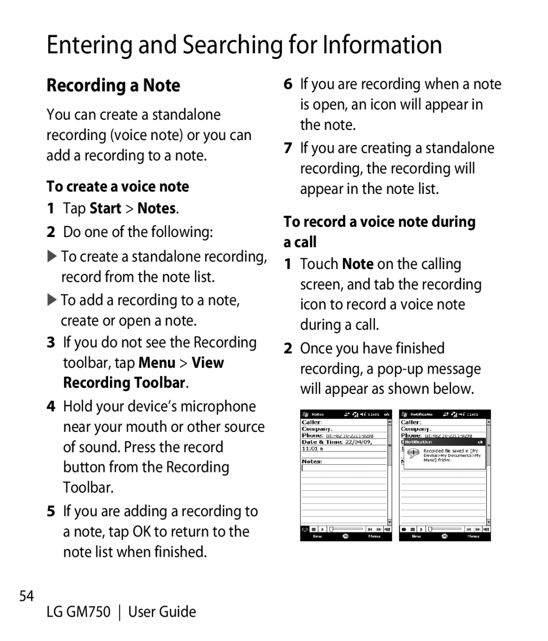 LG Electronics GM750 manual Recording a Note, To create a voice note Tap Start Notes, Do one of the following 