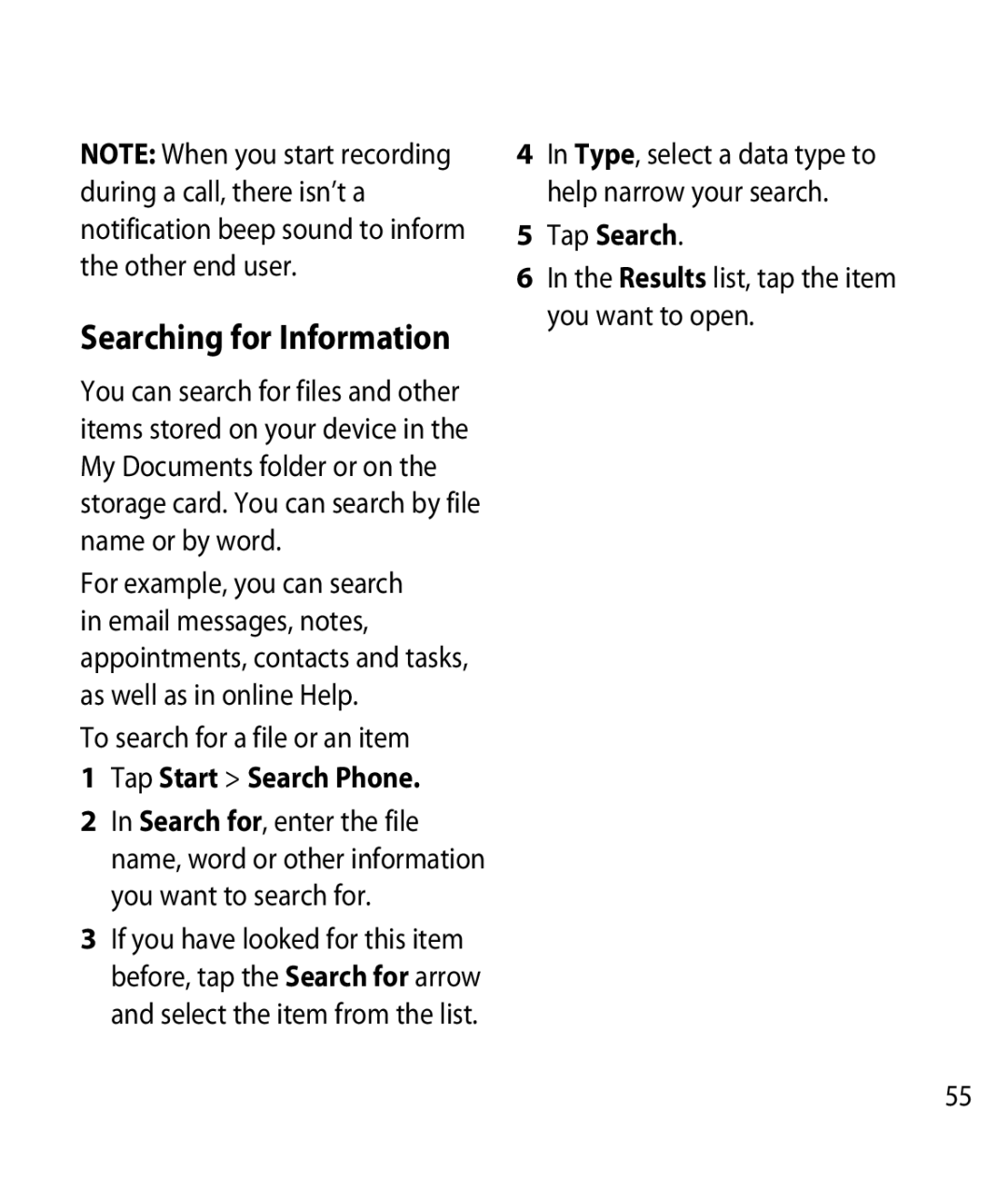 LG Electronics GM750 manual Searching for Information, To search for a file or an item, Tap Start Search Phone, Tap Search 