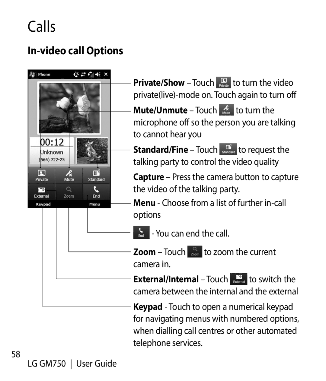 LG Electronics GM750 manual In-video call Options 