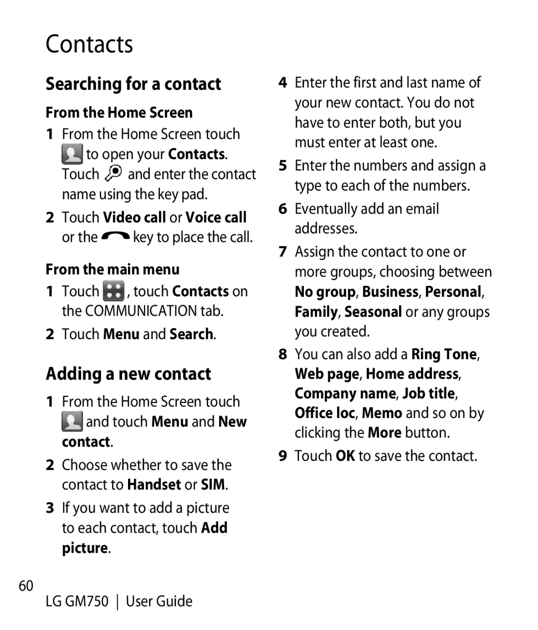 LG Electronics GM750 manual Contacts, Searching for a contact, Adding a new contact 