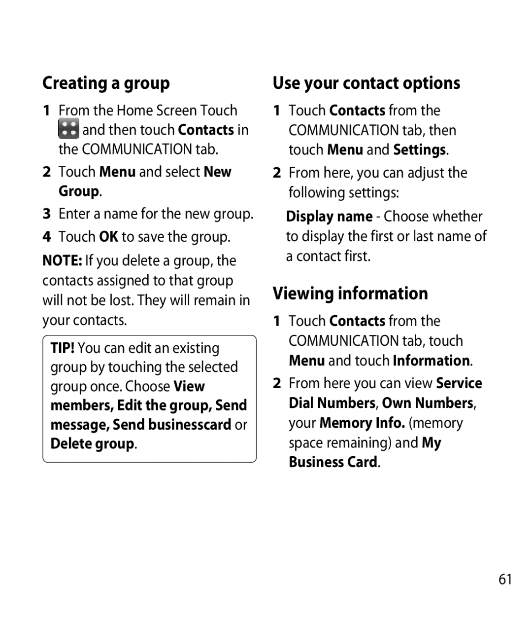 LG Electronics GM750 manual Creating a group, Use your contact options, Viewing information 