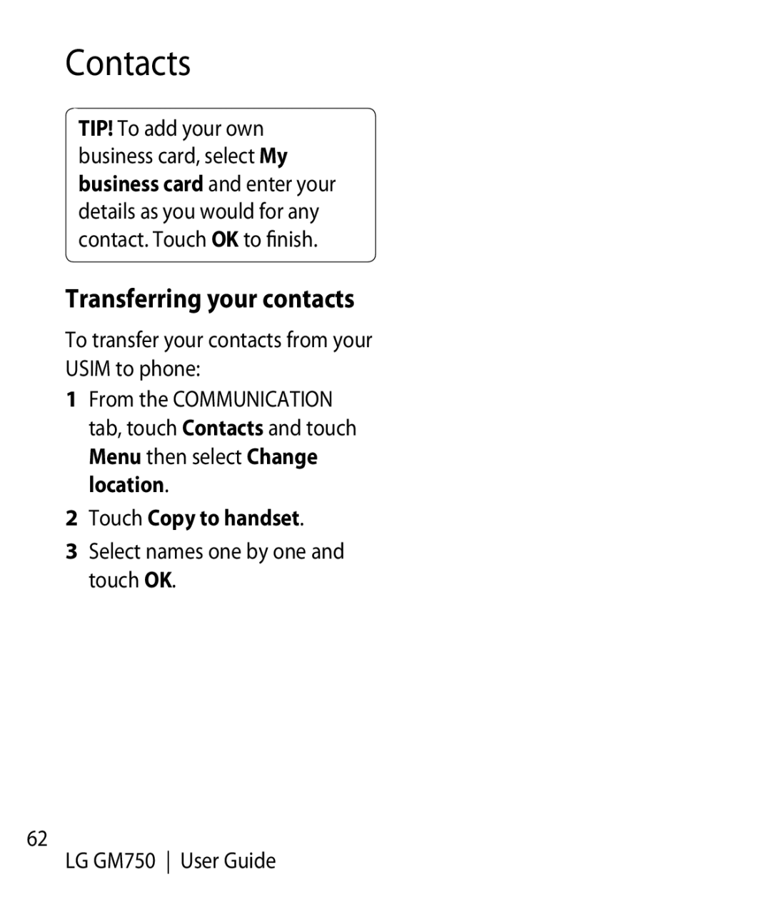 LG Electronics GM750 manual Transferring your contacts, Touch Copy to handset 