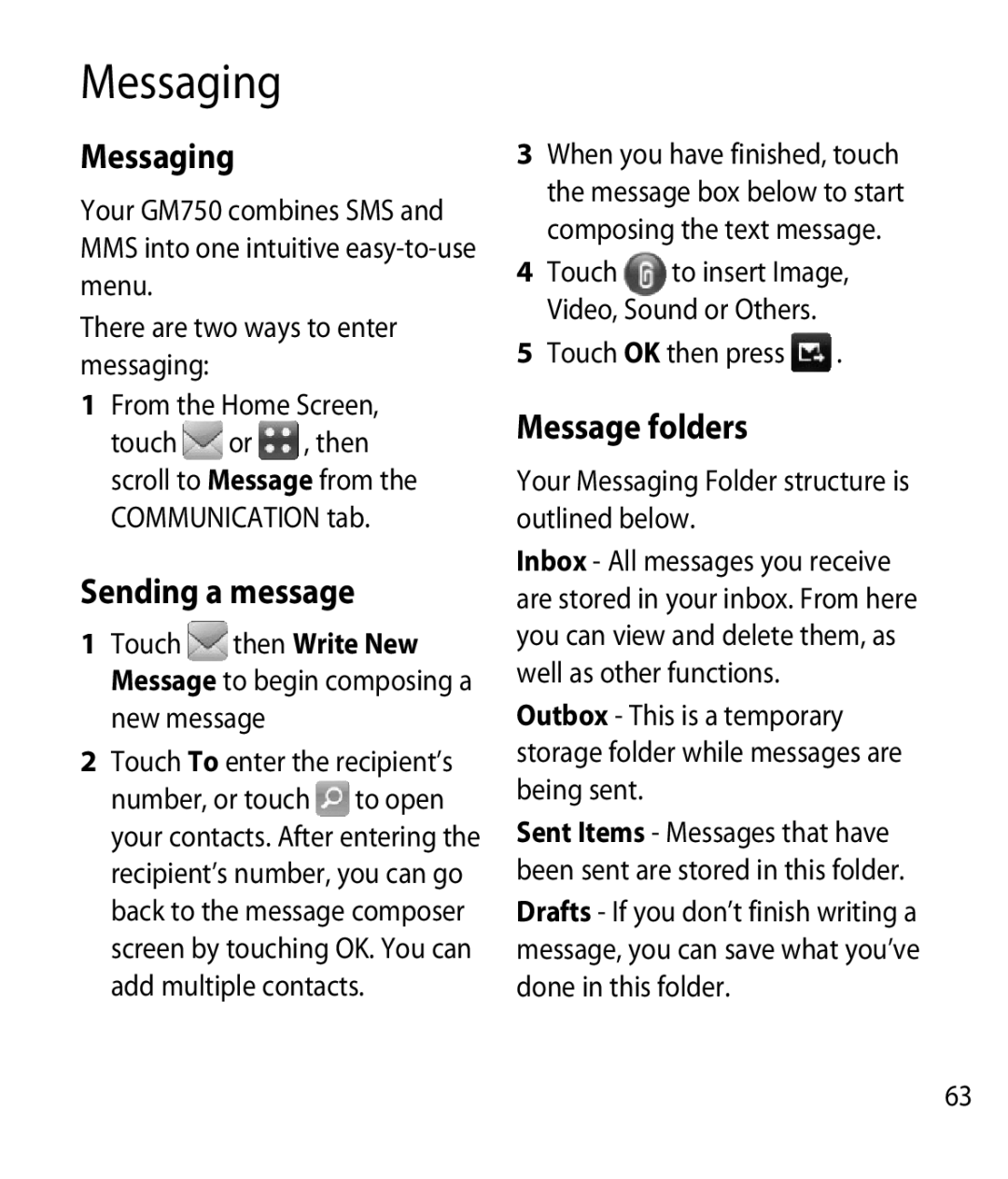 LG Electronics GM750 manual Messaging, Sending a message, Message folders 