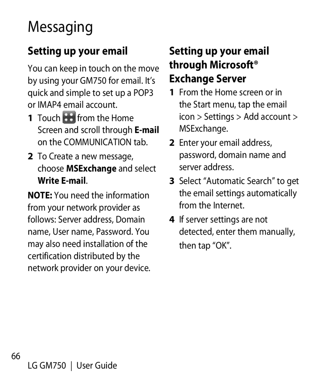LG Electronics GM750 manual Setting up your email through Microsoft Exchange Server 