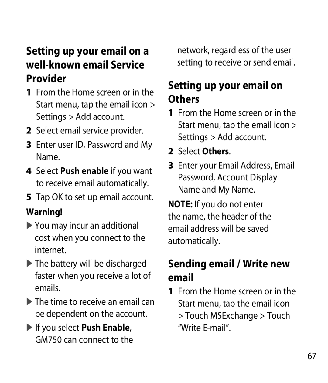 LG Electronics GM750 manual Setting up your email on Others, Sending email / Write new email 