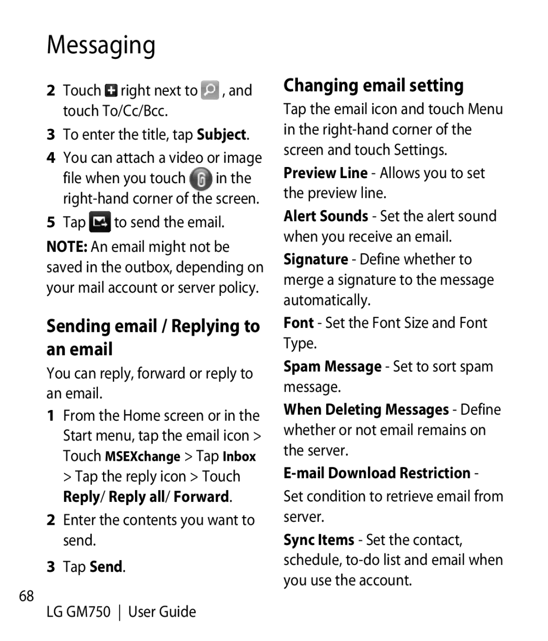 LG Electronics GM750 manual Sending email / Replying to an email, Changing email setting, File when you touch 